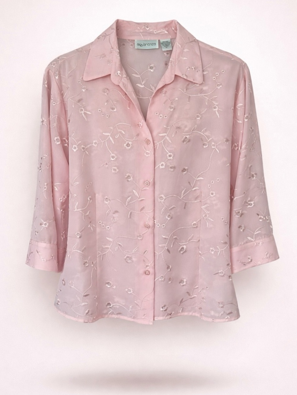 Apparenza Pink Embroidered Floral Blouse 1X Button Front Soft Romantic Top